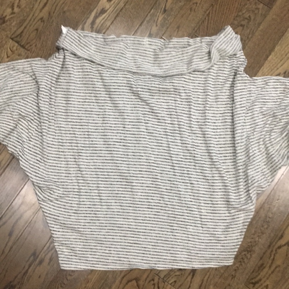 Off the shoulder gray and white top